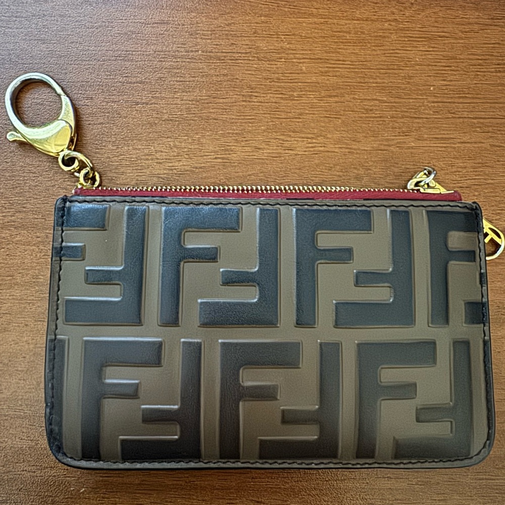 Fendi Black Embossed FF Logo Leather Card Pouch with Red Trim